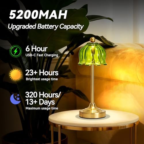 Small Tulip Cordless Table Lamp, LED Touch Accent Lamp with Amber Glass Shade, Dimmable Vintage Table Lamps for Bedroom, Kitchen, Nightstand, Restaurant - Image 5
