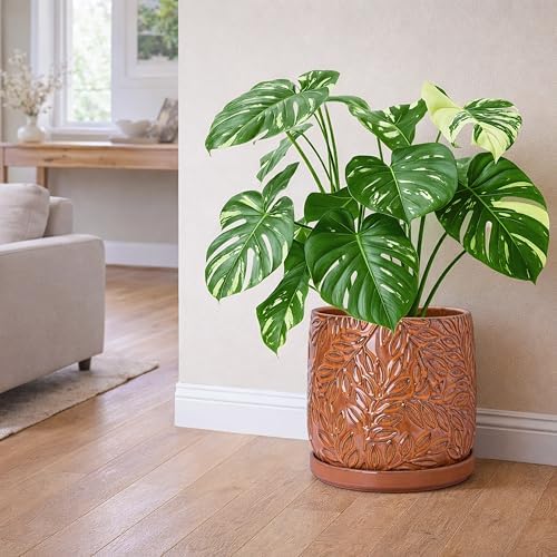 D'vine Dev Embossed Leaves Ceramic Planter, 10 in, Pumpkin, 27-A-P-J - Image 2