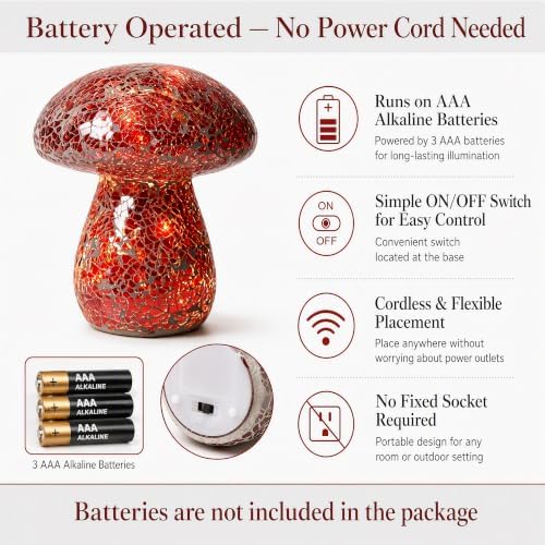 Mosaic Mushroom Table Lamp, Handmade LED Night Light, Red - Image 4