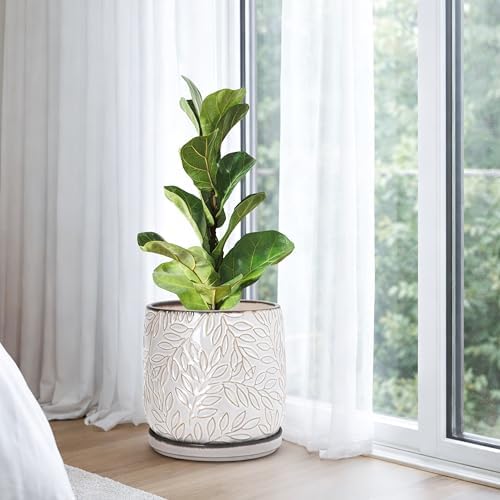 D'vine Dev Embossed Leaves Ceramic Planter, 8 in, Smoked White, 27-A-Q-1 - Image 2