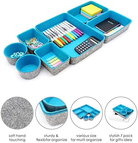 Welaxy Drawer organizers bins felt tray desk storage bins dividers small organizing box for office supplies closet cabinet makeup holder Fall room decor 7-piece (Turquoise) - Image 4