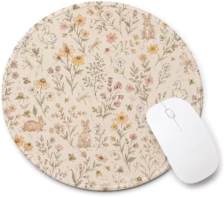 Cute Cottagecore Bunny Duck Floral Round Mouse Pad for Desk by Unknown