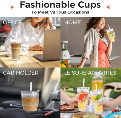 4PCS 20oz Glass Cups with Lids and Straws, Iced Coffee Cups with Lids, Stylish Ribbed Thick Drinking Glasses Tumbler for Juice, Smoothies, Cold Beverages, Cute Cup Gifts with Clean Brush - Image 7