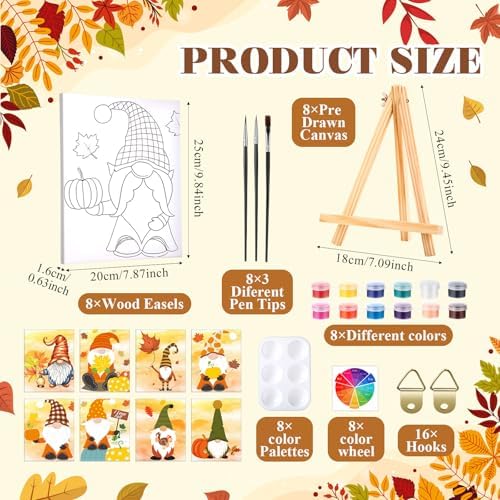 Humyoun 8 Sets 8" x 10" Fall Gnome Pre Drawn Canvas to Paint for Sip and Paint Party Thanksgiving Predrawn Coloring Set Pre Sketched Canvas Boards with Paints and Brushes for Adult - Image 2
