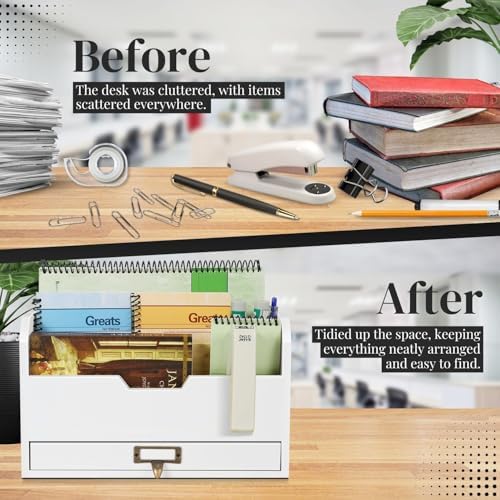 Flexzion Wood Desk Organizer, 3-Tier Mail Organizer with Drawer, Beige Wood - Image 5