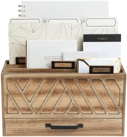 BLU MONACO | Natural Wood Desktop Mail Organizer with Drawer | Three-Tier Mail Sorter with Black Label Holders | Countertop Mail Holder & Document Storage for Home or Office by Blu_Monaco