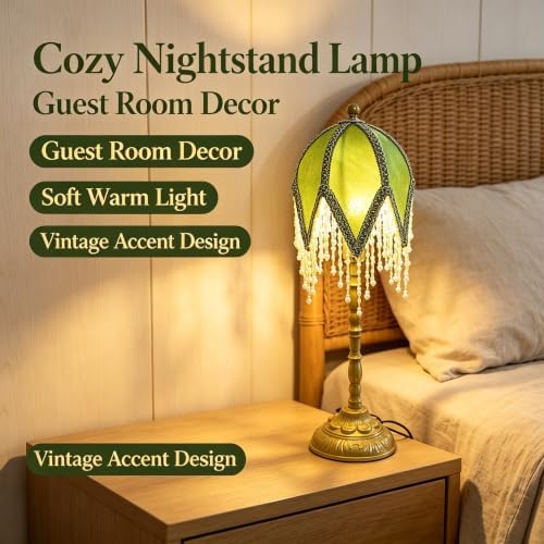 Vintage Tasselled Table Lamp with Beaded Shade, Green and Gold - Image 2