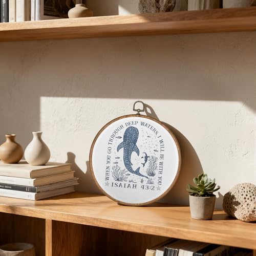 OFJE Whale Shark Christian Wall Art Decor, Isaiah 43:2 Bible Verse Round Wall Hanging Decor, Religious Scripture Framed Canvas Prints for Church Home Bedroom Living Room Decorations, 10x10 Inch - Image 4