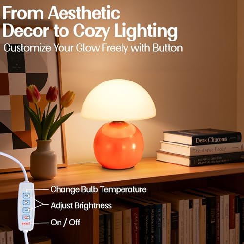 Cute Small Mushroom Lamp Decor,USB-Plug in Bedside Table Lamps with 3-Temperature LED Bulb Dimmable,Modern Aesthetic Home Decor for Livingroom/Bedroom/Dorm/Nursery (Orange with Plug) - Image 3