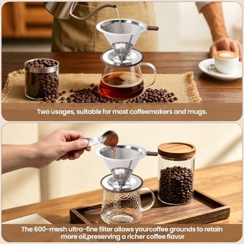 6oz Pour Over Coffee Maker Reusable Pour Over Coffee Dripper Set Glass Coffee Maker Espresso Cup Set Scoop Wood Coasters Cleaning Brush Cleaning Cloth - Image 4