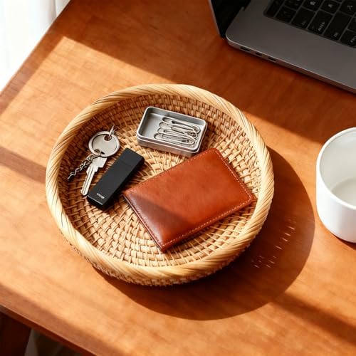 Handwoven Rattan Small Key Bowl - 7.6 Inch Round Catch All Tray for Keys,Coins, Wallet, Jewelry - Natural Wicker Organizer for Entryway, Desk, Nightstand - Image 6