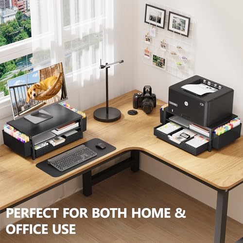 OPNICE Desk Organizers and Accessories, Computer Monitor Stand Riser with Drawer and 2 Pen Holders, Printer & Laptop Stand, Office Desk Accessories & Workspace Organizers for Home Office Supplies, Black 2-Pack - Image 5