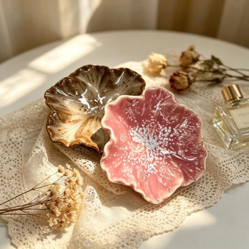 Pink Flower Ceramic Jewelry Dish - Rustic Glazed Trinket Tray for Rings Earrings, Boho Vanity Organizer for Bathroom Counter Nightstand Desk, Small Catch All Bowl for Keys Coins, Gift for Women - Image 3