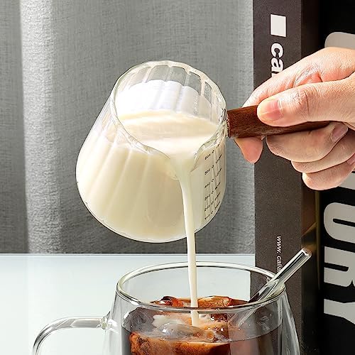 Joeyan 6 oz Glass Measuring Cups with Spout,Borosilicate Glass Triple Pitcher with Scale,Origami Style Espresso Shot Glasses with Wood Handle for Coffee Milk,Dishwasher Safe - Image 3