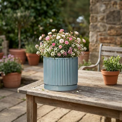 6 Inch Flower Pots, Ceramic Pots for Plants with Tray, Glaze Blue - Image 6
