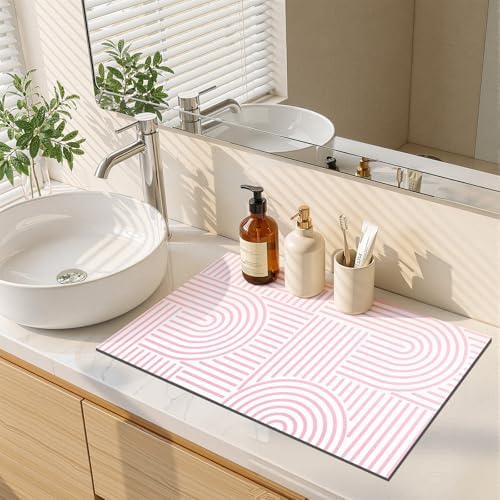 Findosom Geometric Dish Drying Mat, 12" x 20" Absorbent Coffee Mat, Pink - Image 6