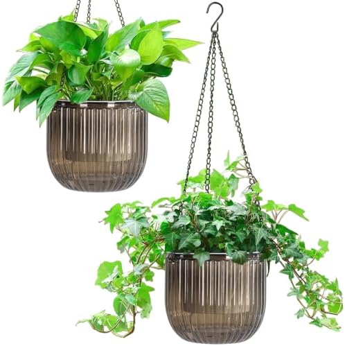 Melphoe 2 Pack Self Watering Hanging Planters Indoor Flower Pots, 6.5 Inch Outdoor Hanging Plant Pot Basket, Plant Hanger with 3Hooks Drainage Holes for Garden Home (Gray) by Melphoe