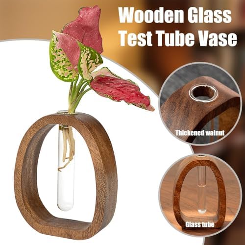 Acacia Small Wood Vase, Glass Tube Plant Propagation Station, MCM Decor - Image 2