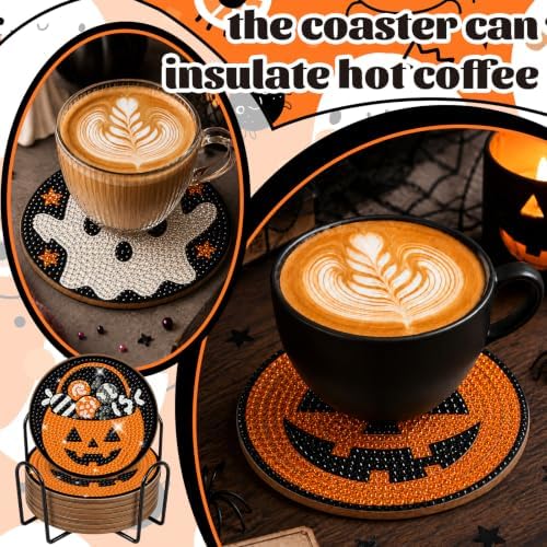 8 Pcs Halloween Diamond Art Coasters with Holder Ghost Pumpkin Craft Kit - Image 4