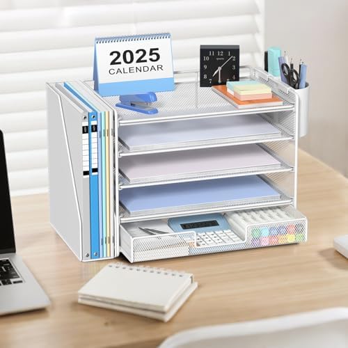 OPNICE Desk Organizer, 5-Tier Desktop File Organizer with Drawer and Pen Holders, Office Desk Accessories, File Sorters, Workspace Organizers for Office Supplies(White) - Image 2
