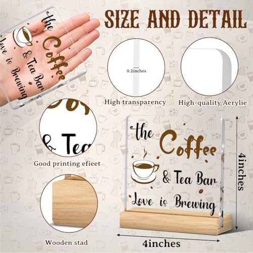 Coffee Bar Decor Sign, Coffees Nook Decoration, Cafe Station Accessories, Coffee & Tea Bar Love is Brewing, Funny Acrylic Gift Wood Plaque with Stand Office Farmhouse Kitchen Decor 4"x4" - Image 2