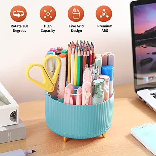 Desk Pencil Pen Holder, 5 Slots 360°Degree Rotating Organizers for, Desktop Storage Stationery Supplies Organizer, Cute Cup Pot Office, School, Home, Art Supply, Blue - Image 2