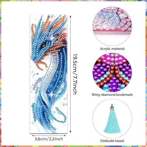 Puraikcmi 5D DIY Diamond Art Bookmarks Kit Dragon 6 PCS Acrylic Diamond Painting Bookmarks Kits with Tassels, Rhinestone Crafts Decoration Gift Set for Book Lovers Beginners & Adults (Partial Drill) - Image 3