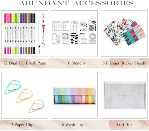 Y&I Bullet Dotted Journal Kit, A5 Hardcover Dotted Journal Notebook with 200 Pages, 120GSM Thick Paper, Stencils Stickers Pens Washi Tapes, Dotted Journaling Kit for Beginners Women Teen Girls (Black) - Image 4