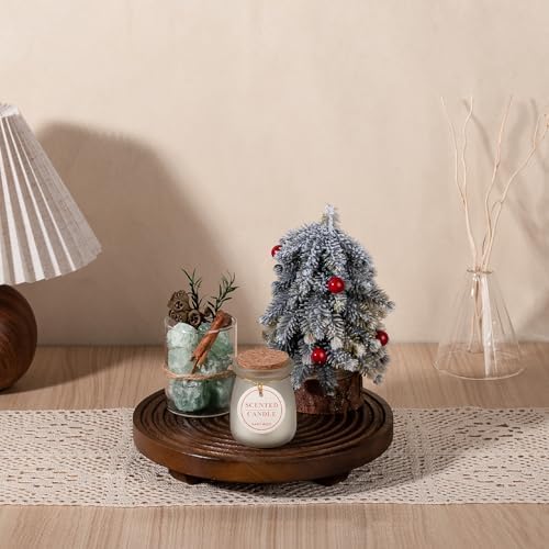 Round Decorative Tray Farmhouse Bathroom Decor Wood Riser, 9" Walnut - Image 4