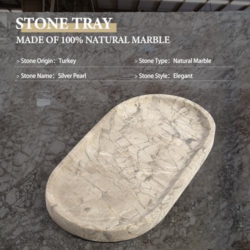 Koville Natural Silver Pearl Marble Decorative Tray, 10" x 5" Marble Vanity Tray for Bathroom Countertop Organizer Stone Trays, Catchall Tray Stone Plate for Perfume, Candles, Jewelry - Image 3