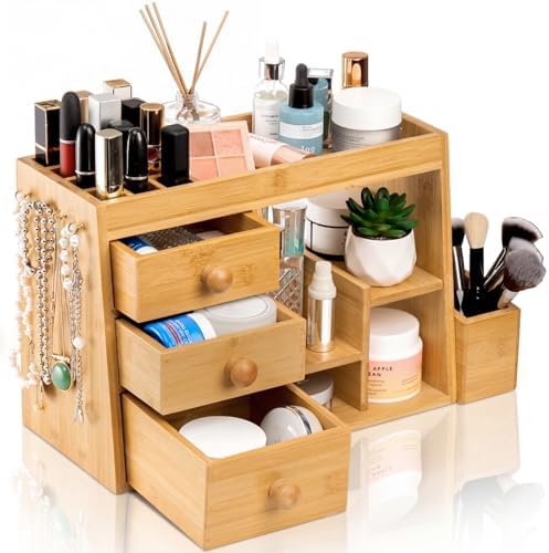 Elsjoy Large Countertop Bamboo Makeup Organizer with 3 Drawers, 12-Grid Lipstick Holder, Jewelry Hanging Hooks, Makeup Brush Holder, Desktop Wood Cosmetic Organizer Stand for Vanity by Elsjoy