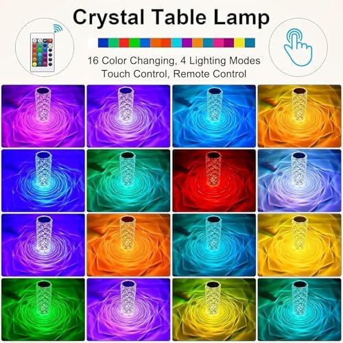 2Pack Crystal Table Lamp (Touch & Remote), 4 Modes 16 Color Changing Night Light, Rechargeable, Dimmable, RGB Rose Diamond Mood Lighting, Protable Cordless Desk Lamp for Bedroom Living Room Party - Image 3