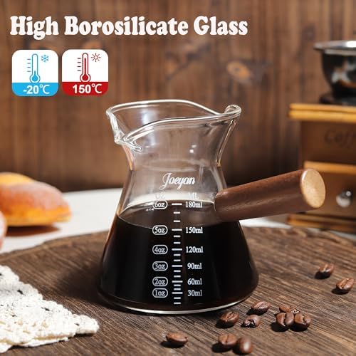 Joeyan 6 oz Glass Measuring Cup with Double Spouts,Clear Borosilicate Espresso Shot Glasses with Wooden Handle,Milk Creamer Frothing Pitcher Barista Coffee Carafe - Image 2