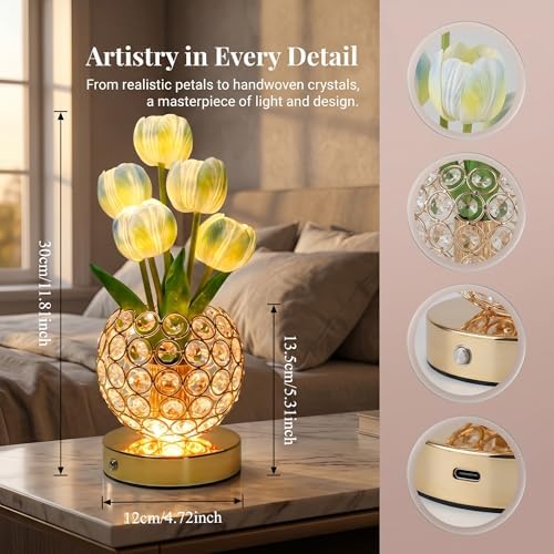 Tulip Night Light with Dazzling Crystal-Like Base, 3-Color Touch Control Flower Lamp, Stepless Dimming Rechargeable Floral Table Lamp, Aesthetic Romantic Gifts for Women Mom Wife (Blue) - Image 2