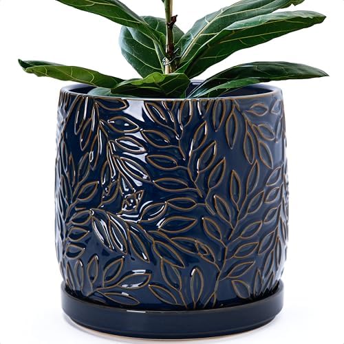 D'vine Dev Embossed Leaves Ceramic Planter, 10 in, Midnight Blue, 27-A-P-3 by DvineDevPlanterPotsandStand