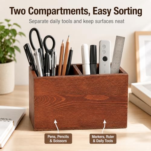 Wooden Pen Holder for Desk, Double‑Slot Walnut Finish Pencil Organizer - Image 2