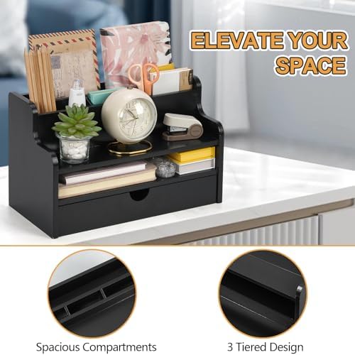 Mail Organizer Countertop, 4 Slots Desk Organizer with Drawer and Shelf - Image 6