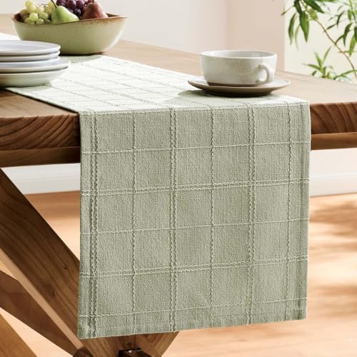 ZeeMart Linen Checked Farmhouse Table Runner, 13x72 Inches Seeding Green - Image 4