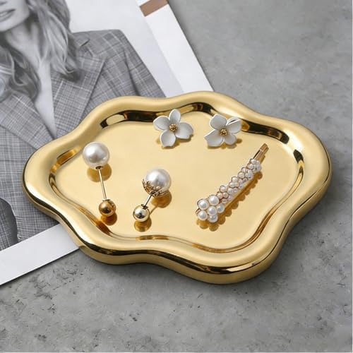 Jewelry Tray for Women, Cloud Shape Ceramic Trinket Dish, Jewelry Organizer Storage Holder for Ring Earring Bracelet Necklace, Make Up Organizer (White) (Gold) - Image 4