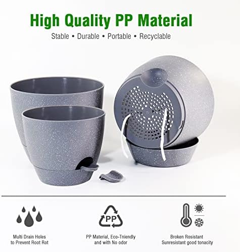 UOUZ Large Self Watering Pots, 12/10/9 Plastic Planters with High Drainage Holes and Deep Reservoir for Indoor Outdoor Garden Plants and Flowers, Grey Speckles - Image 3
