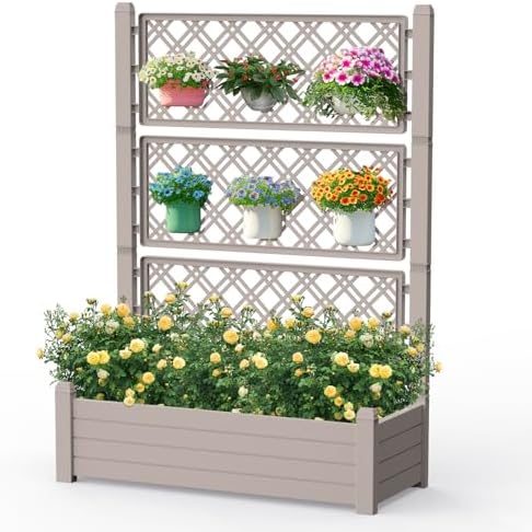 Elevated Raised Garden Bed,Outdoor Large Resin Patio Planter Box Stand Divisible with Drain Plug,Water Monitor for Plants Vegetables Flowers Fruits(Grey) by GYMHILL