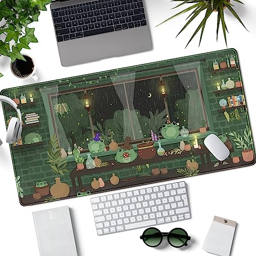 Mechanical Cattle Cute Desk Mat Kawaii Frog Mouse Pad Green Desk Anime Mat Large Gaming Mouse Pad Desk Computer Keyboard Pad Desk Home Office Accessories Girl Stitched Eges (31.5x15.7 in) WER236 - Image 2