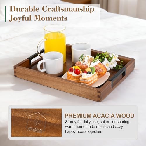 Large Ottoman Tray for Living Room and Coffee Table, Decorative Acacia Wood Serving Tray with Metal Handles for Breakfast in Bed, Dinner Food Kitchen TV (Natural, 20" x 14" x 2") - Image 3