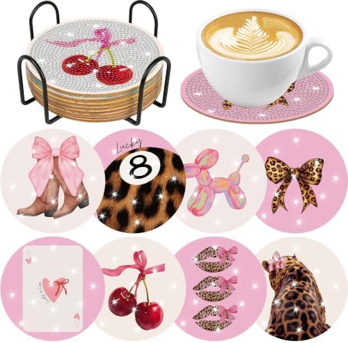 Coquette Diamond Art Coasters Kit, 8 Pcs Pink Diamond Painting Coasters by CRASHOT