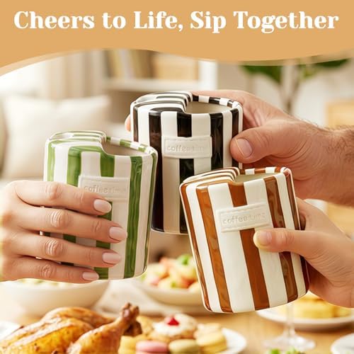 Ceramic Coffee Mug Novelty Ceramic Travel Mug Cute Espresso Cups To Go Anthropologie Latte Cups Aesthetic Brown Pottery Mugs With Sip Hole 10oz Clay Striped Vintage Handmade Coffee Cup for Home - Image 3