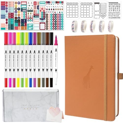 Y&I Bullet Dotted Journal Kit, A5 Hardcover Dotted Journal Notebook with 184 Numbered Pages, 120GSM Thick Paper, Stencils Stickers Pens Washi Tapes, Dotted Journaling Kit for Beginners (Brown) by YINGIRON