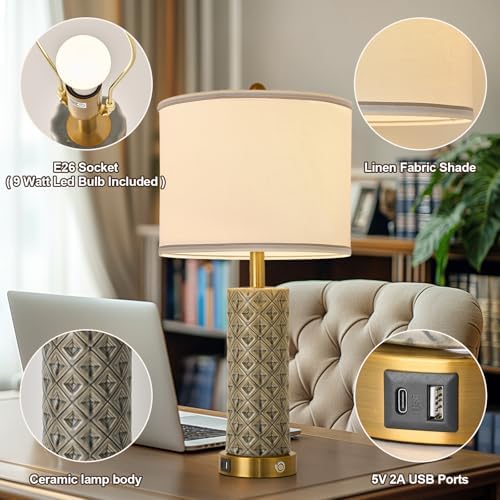 Set of 2 Table Lamp for Living Room Bedroom Farmhouse,26'' Touch Control Bedroom Smoke Grey Ceramic Lamps 3-Way Dimmable Bedside Lamps with USB A+C Ports Linen Shade for Home - Image 4