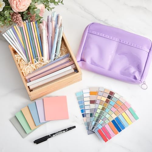 135 Pcs Book Annotation Kit Aesthetic Pencil Case Bag 12 Highlighter 11 Gel Pen 1 Marker 300 Sheet Transparent Sticky Notes Pad 2640 Index Stickers Bible Study Supplies(Kawaii,Purple) - Image 5