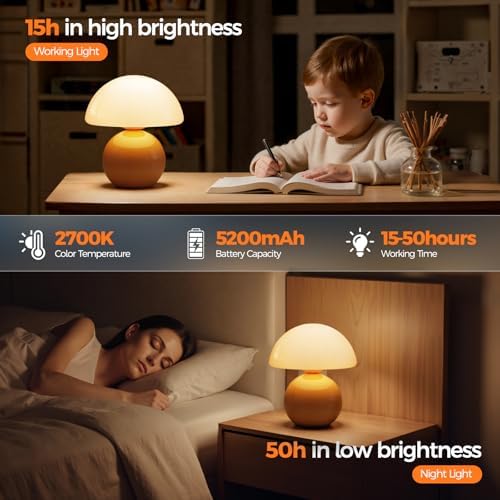 NIORSUN Mushroom Lamp Table Lamp for Bedroom, Portables Cordless Table Lamps Set of 2,Wireless lamp,Bedside Tables Touch for Living Room,Mini Mushroom 5200mAh Battery Operated Lamps Modern Orange - Image 5