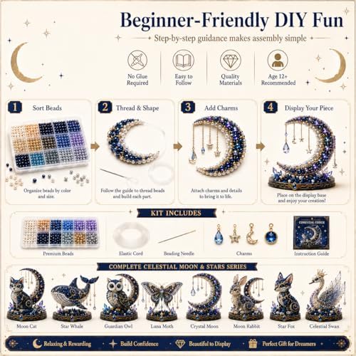 Moon Cat Luna Guardian DIY Bead Kit, Celestial Moon Stars Series, Tiny 3D Beaded Moons Cat Luna Guardian Craft Kit, Handmade Magical Cats Kit for Beginner, Home Decor (M1pc) - Image 3